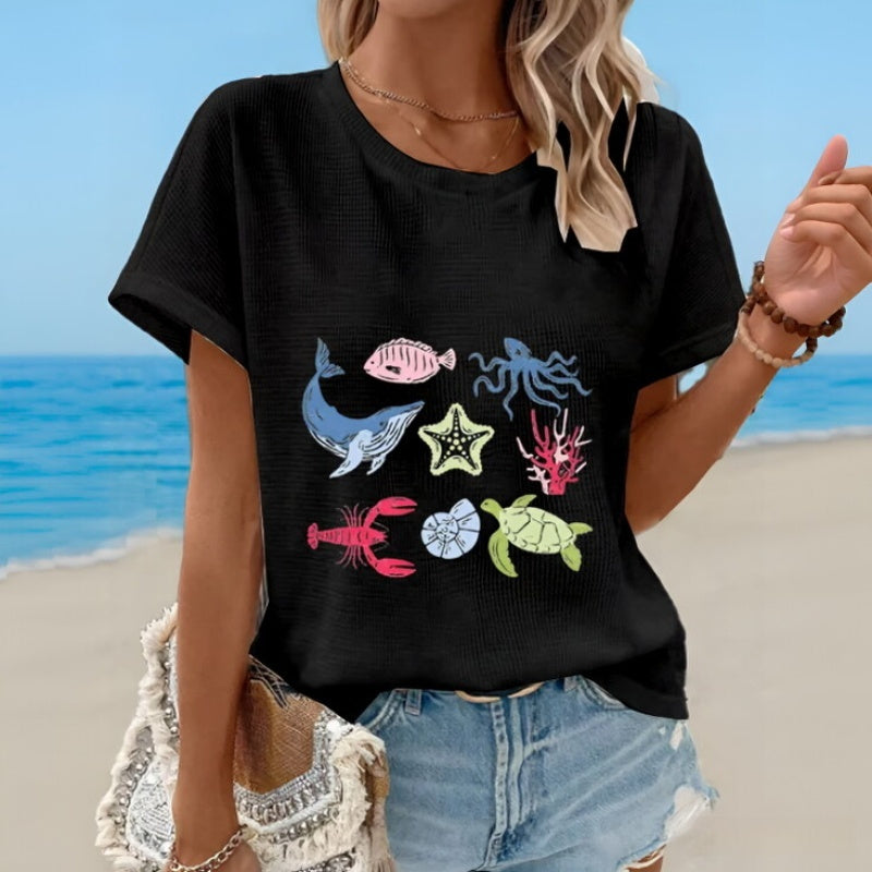 Marine Life Turtle Shell Breathable Printed Crew Neck Short Sleeve T Shirt Top