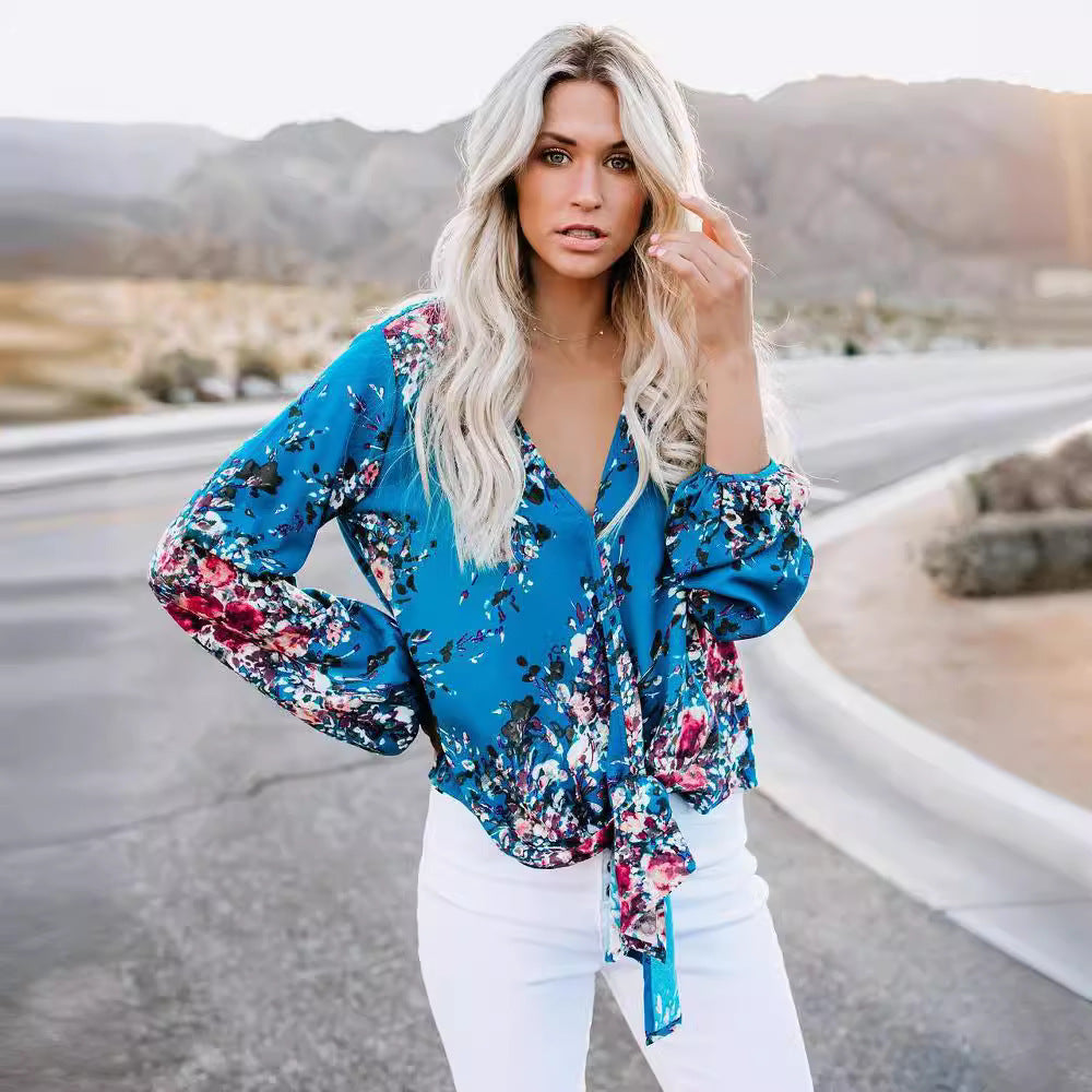 Fashion Shirt V-neck Long Sleeve Knotted Vintage Print Top For Women