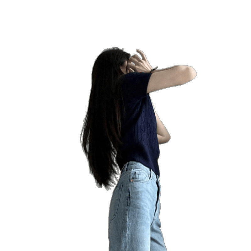 Retro Cable-Knit Crew-Neck Short-Sleeve Knit T-Shirt For Summer