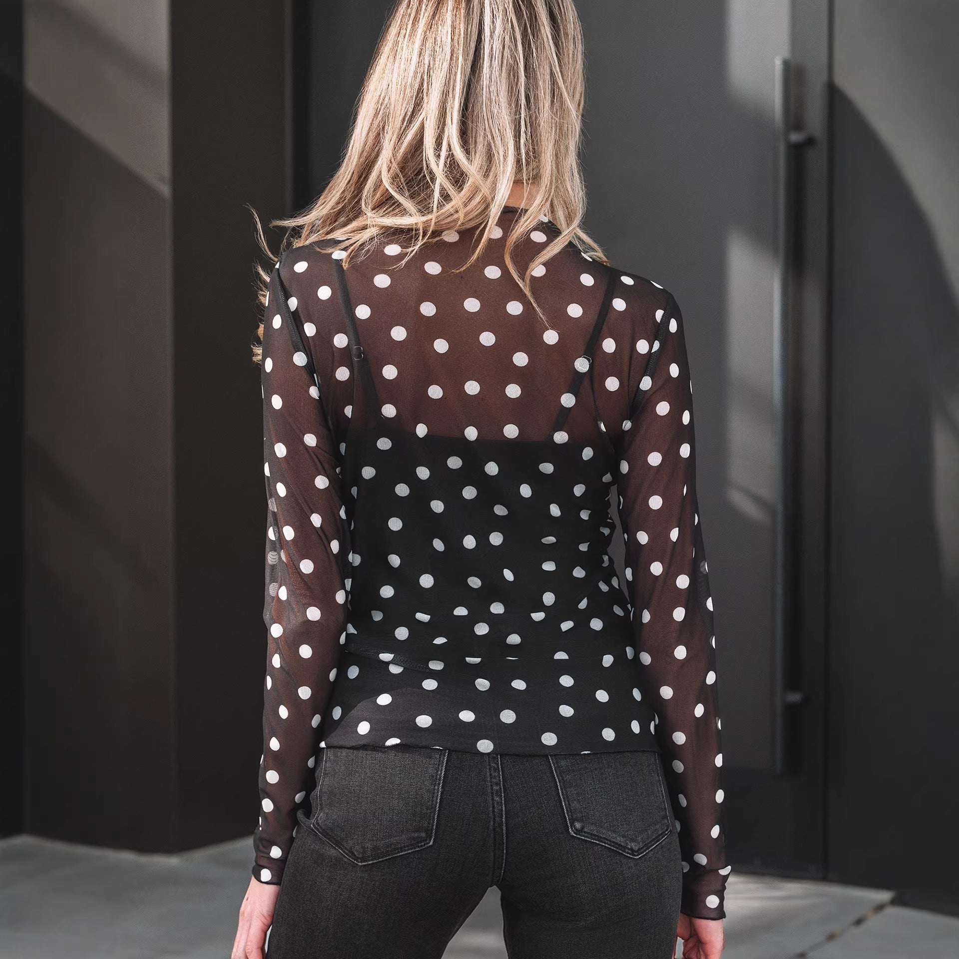 Womens Versatile Casual Polka-Dot Printed Mesh Top