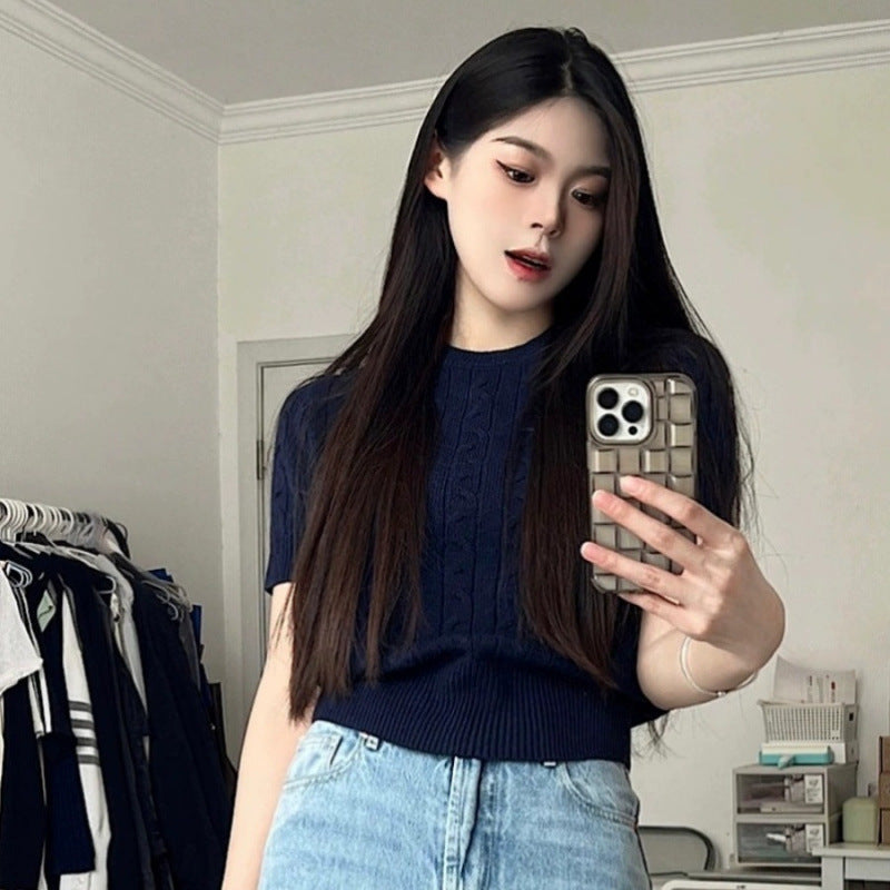 Retro Cable-Knit Crew-Neck Short-Sleeve Knit T-Shirt For Summer