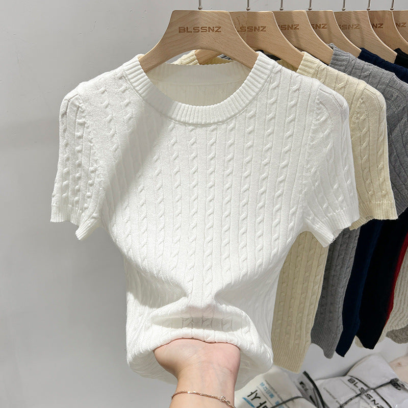 Retro Cable-Knit Crew-Neck Short-Sleeve Knit T-Shirt For Summer