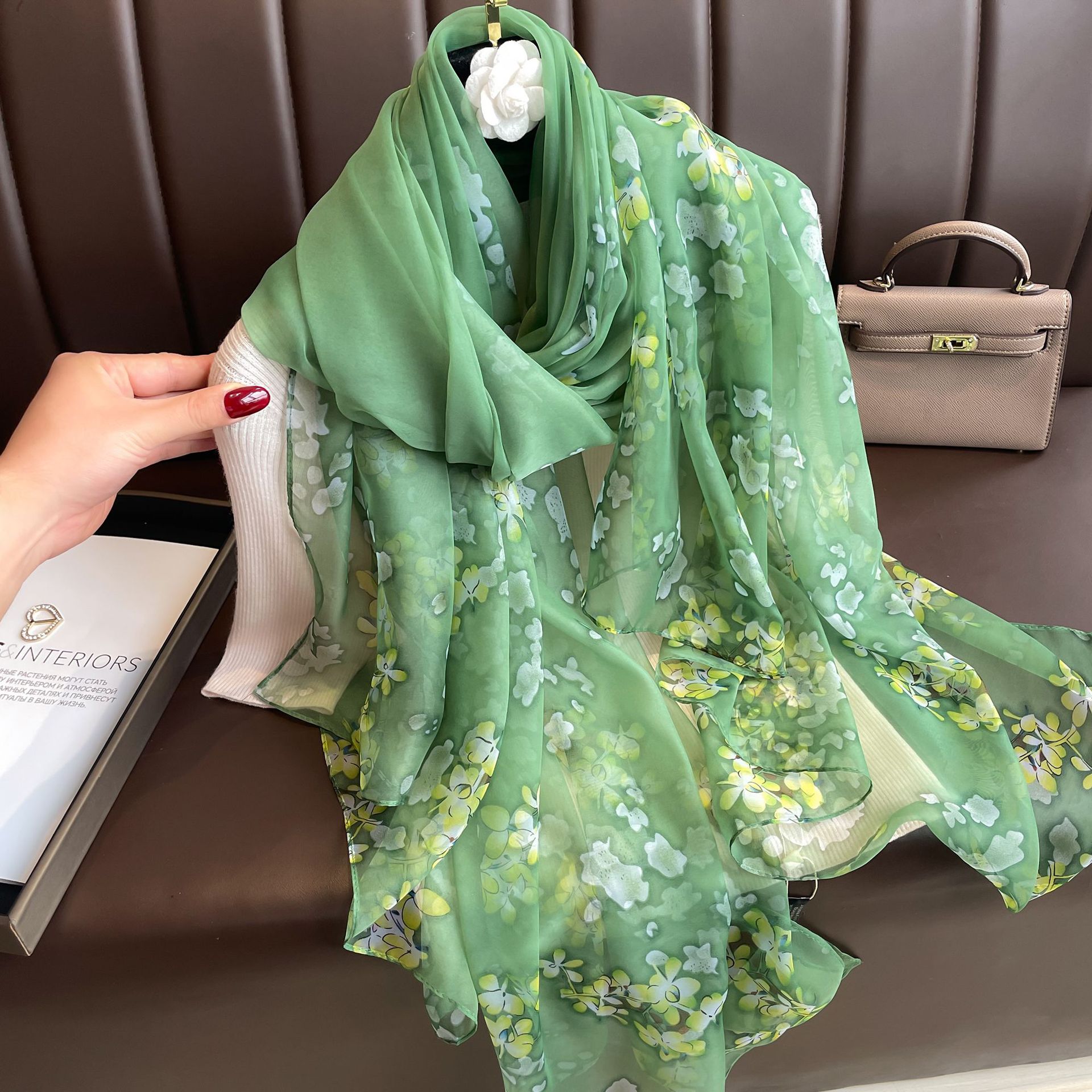 Youshou Silk Scarf Sun Protective Shawl Thin Long Style With Print