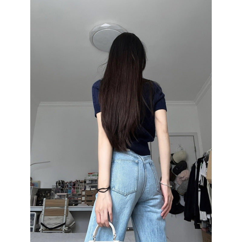 Retro Cable-Knit Crew-Neck Short-Sleeve Knit T-Shirt For Summer