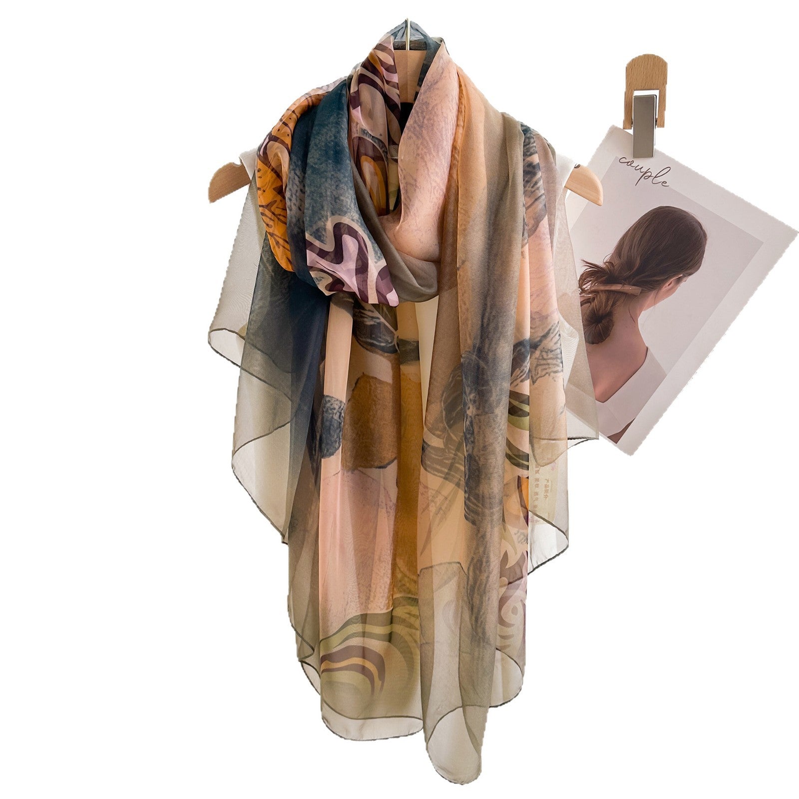 Youshou Silk Scarf Sun Protective Shawl Thin Long Style With Print