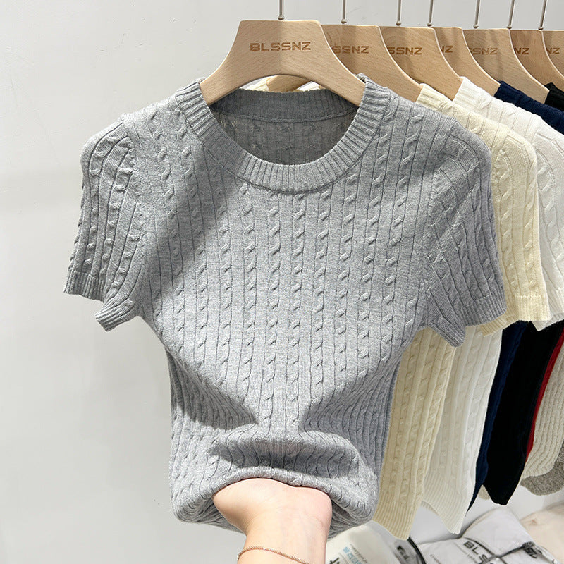 Retro Cable-Knit Crew-Neck Short-Sleeve Knit T-Shirt For Summer