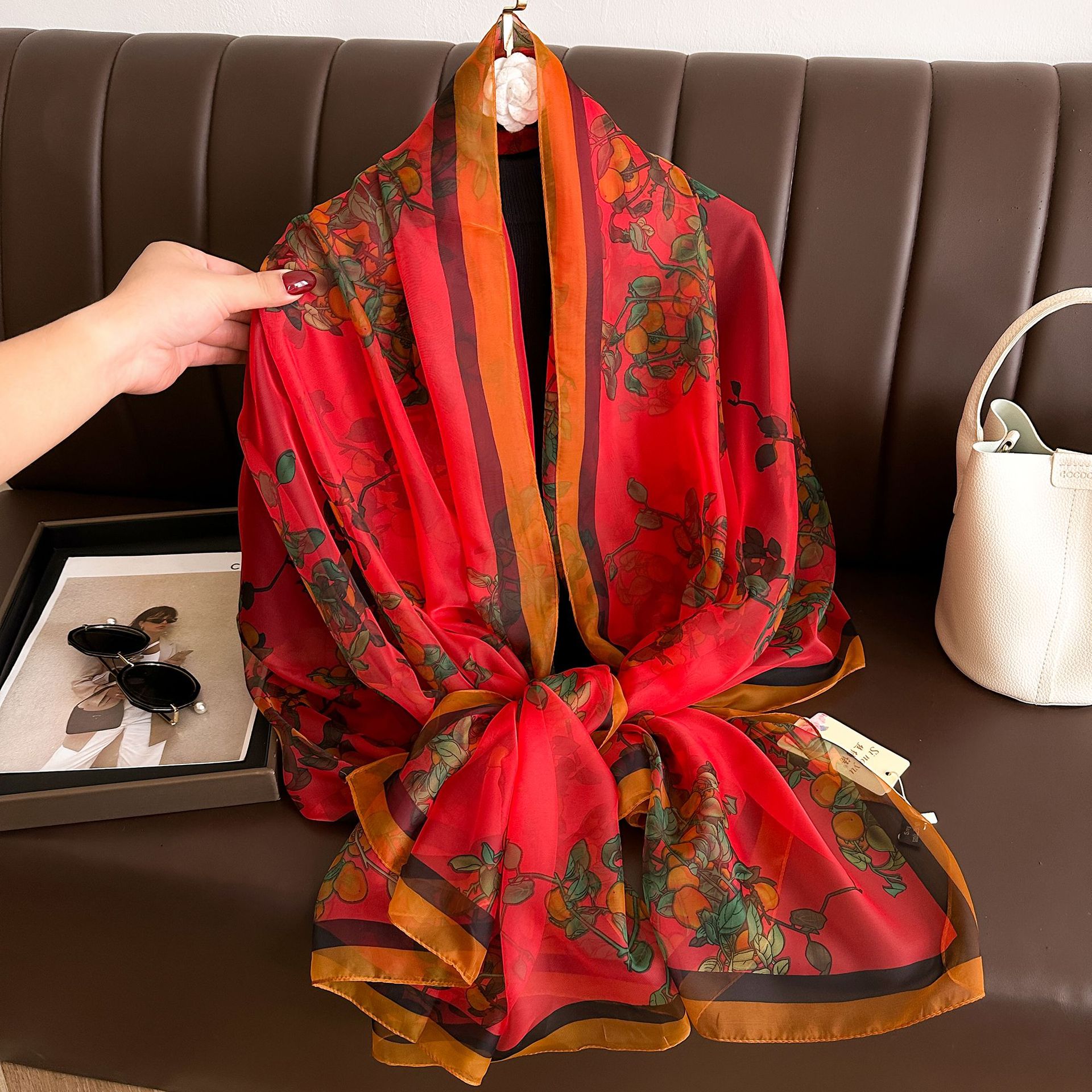 Youshou Silk Scarf Sun Protective Shawl Thin Long Style With Print