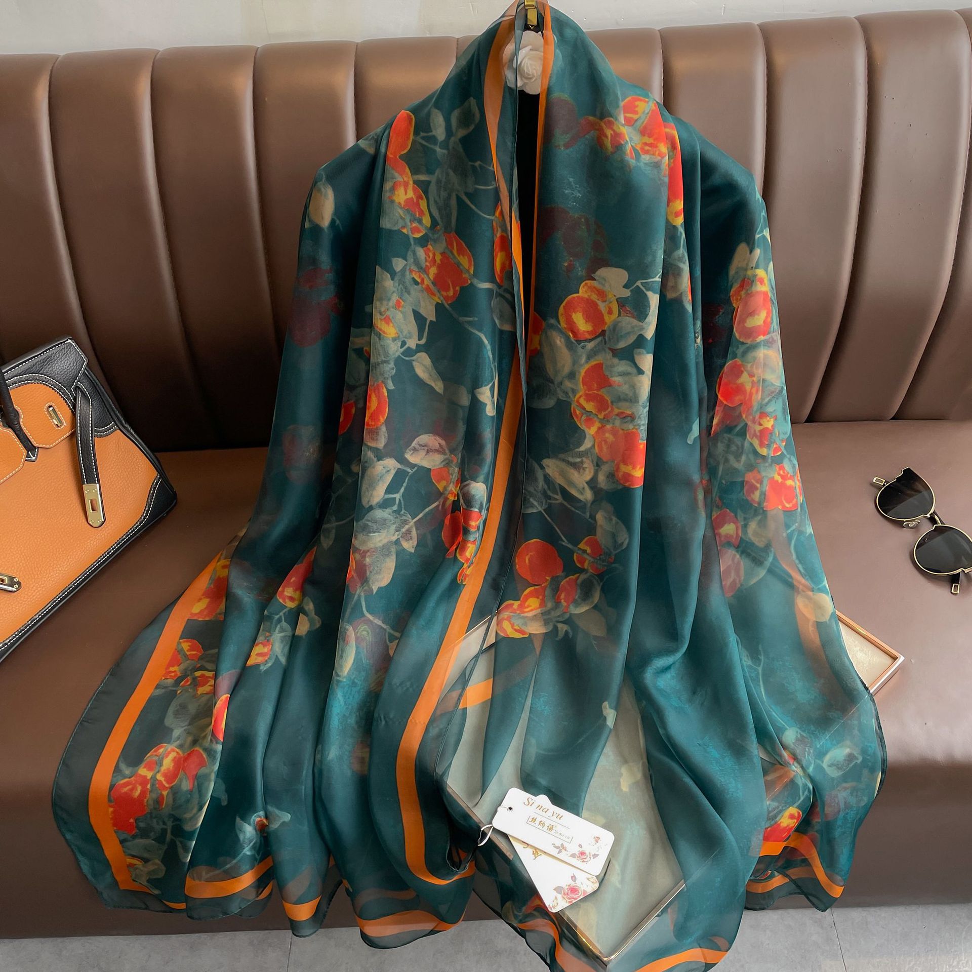 Youshou Silk Scarf Sun Protective Shawl Thin Long Style With Print