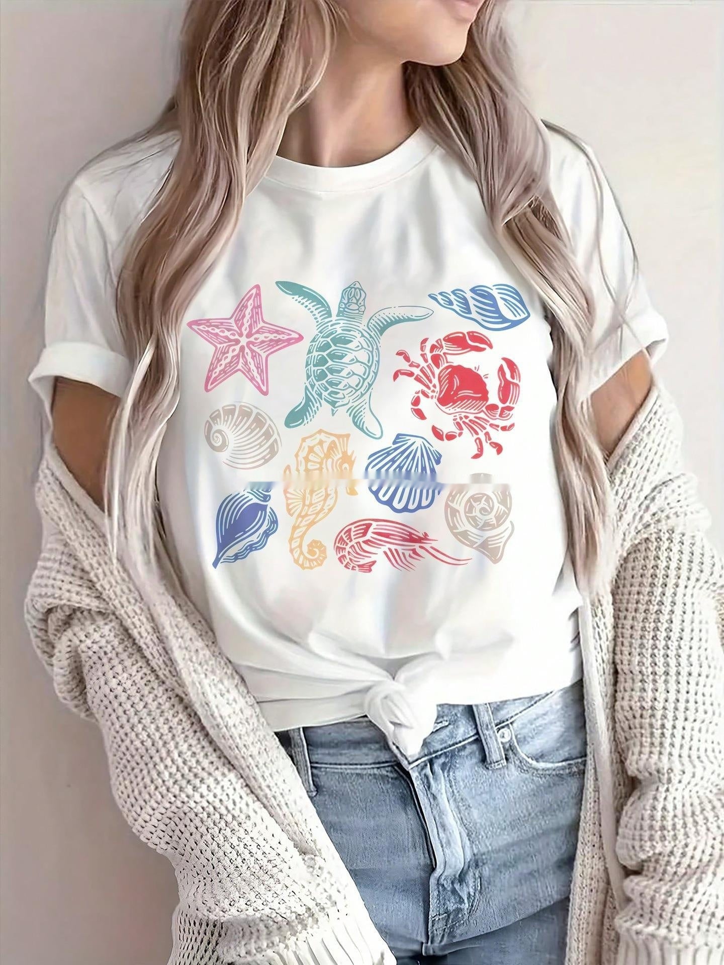 Marine Life Turtle Shell Breathable Printed Crew Neck Short Sleeve T Shirt Top