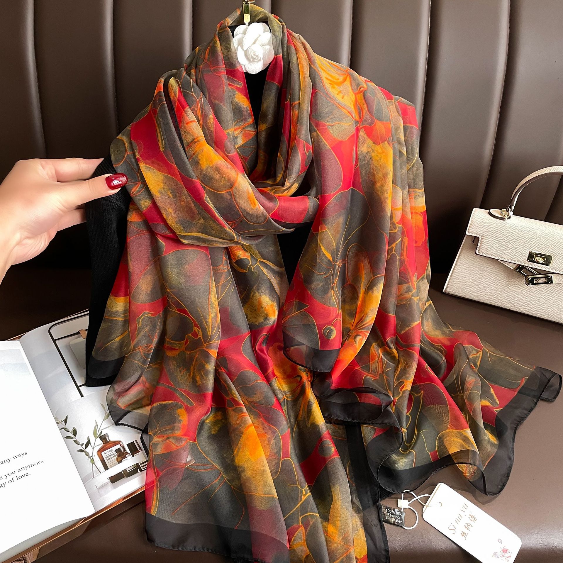 Youshou Silk Scarf Sun Protective Shawl Thin Long Style With Print