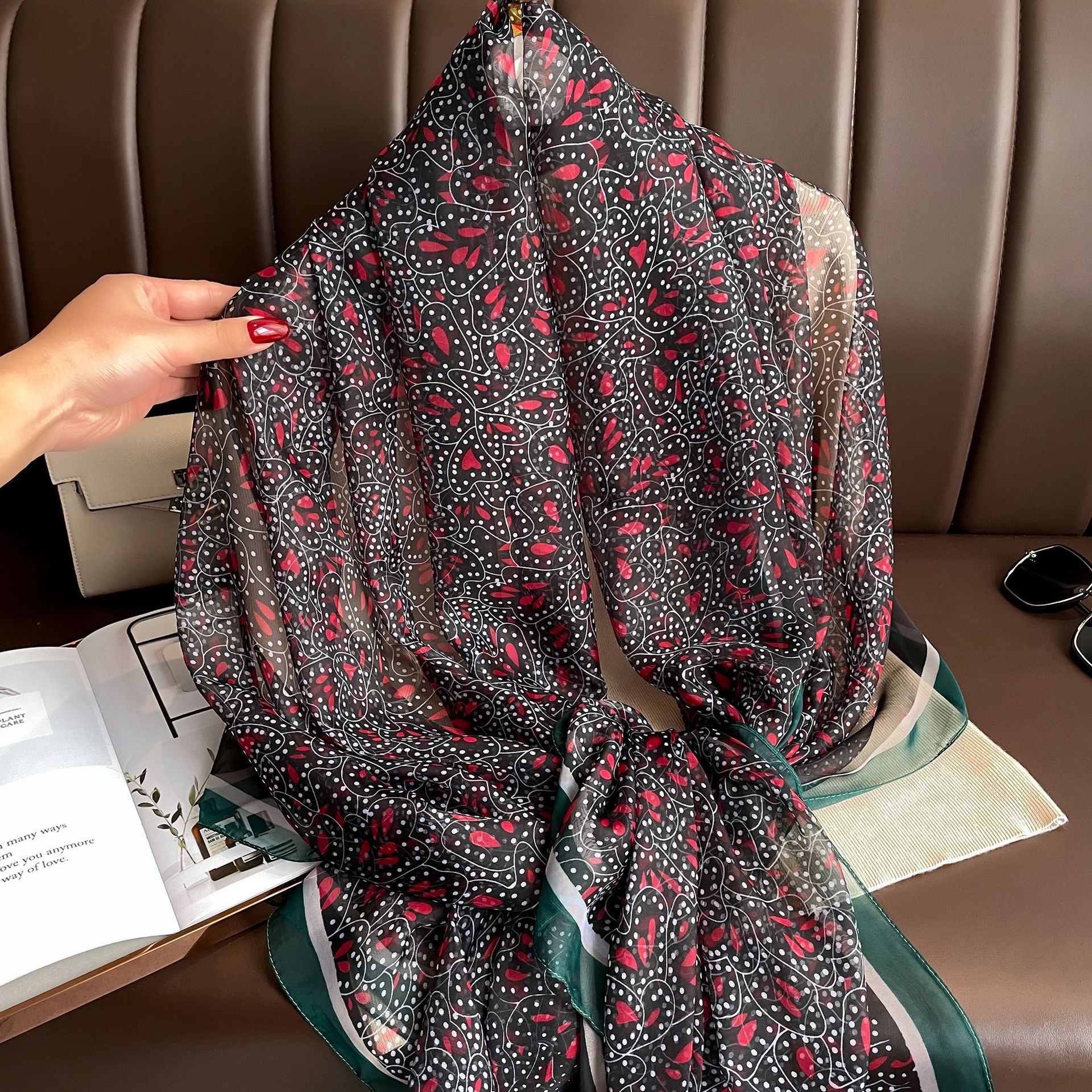 Youshou Silk Scarf Sun Protective Shawl Thin Long Style With Print