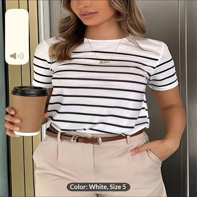 Womens Crew-neck Striped Short-sleeve T-shirt