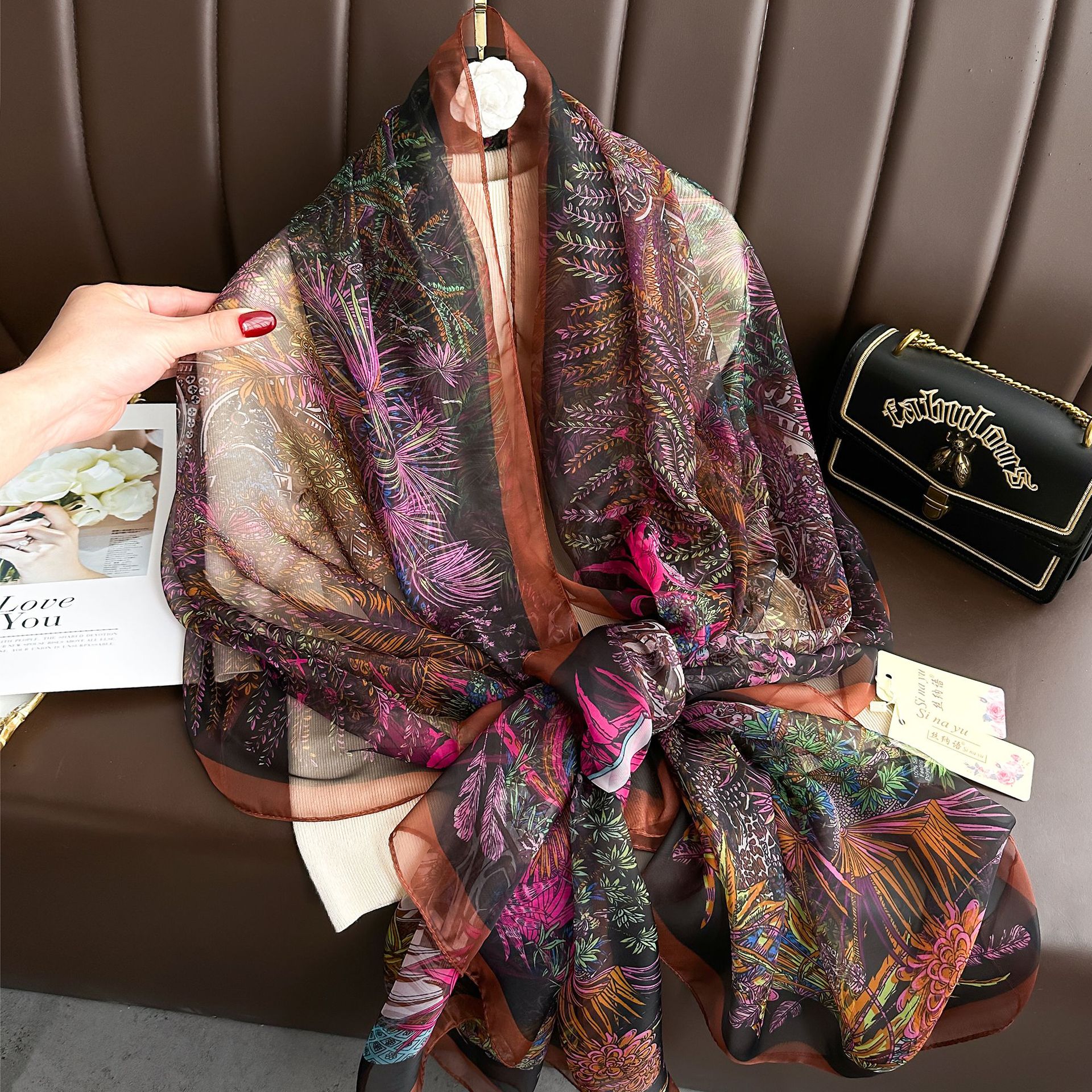 Youshou Silk Scarf Sun Protective Shawl Thin Long Style With Print
