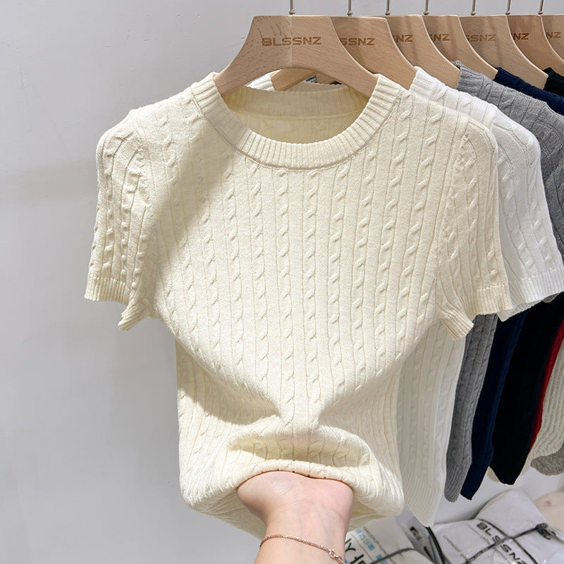 Retro Cable-Knit Crew-Neck Short-Sleeve Knit T-Shirt For Summer