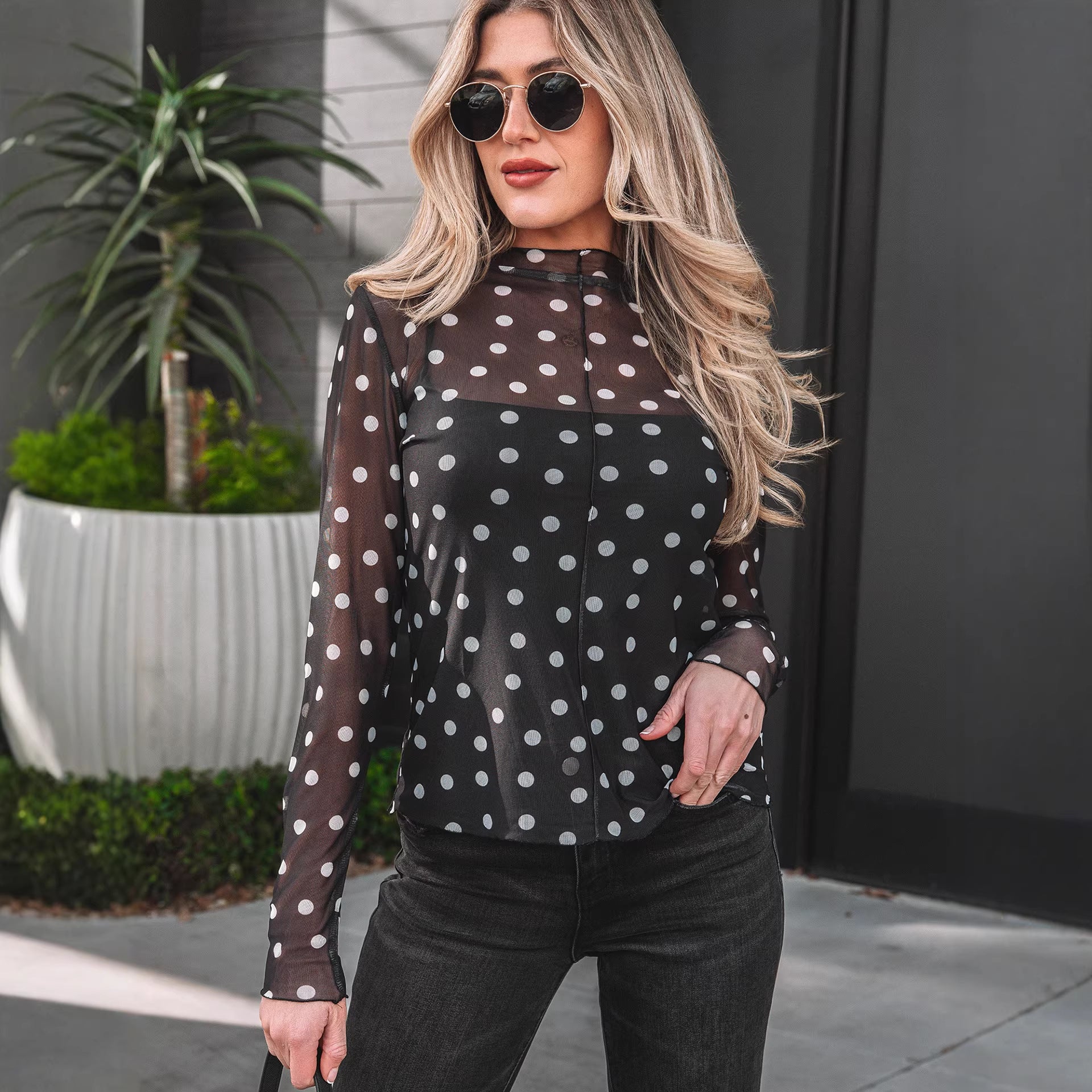 Womens Versatile Casual Polka-Dot Printed Mesh Top