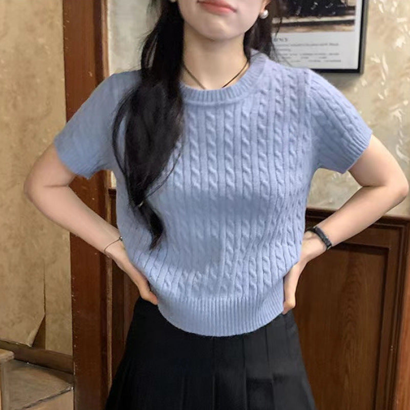 Retro Cable-Knit Crew-Neck Short-Sleeve Knit T-Shirt For Summer