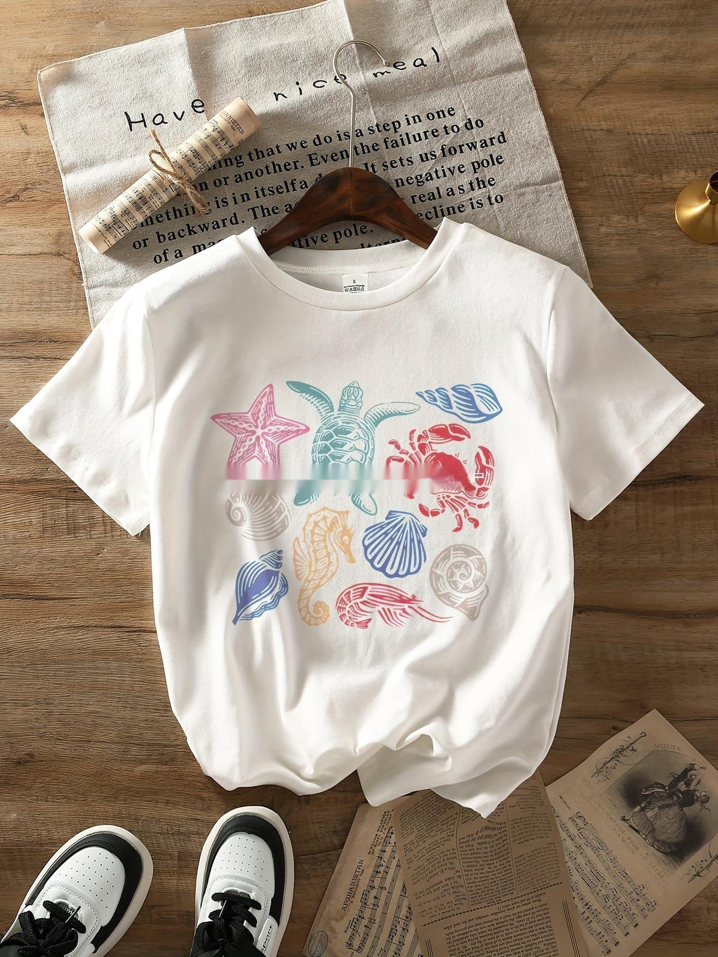 Marine Life Turtle Shell Breathable Printed Crew Neck Short Sleeve T Shirt Top