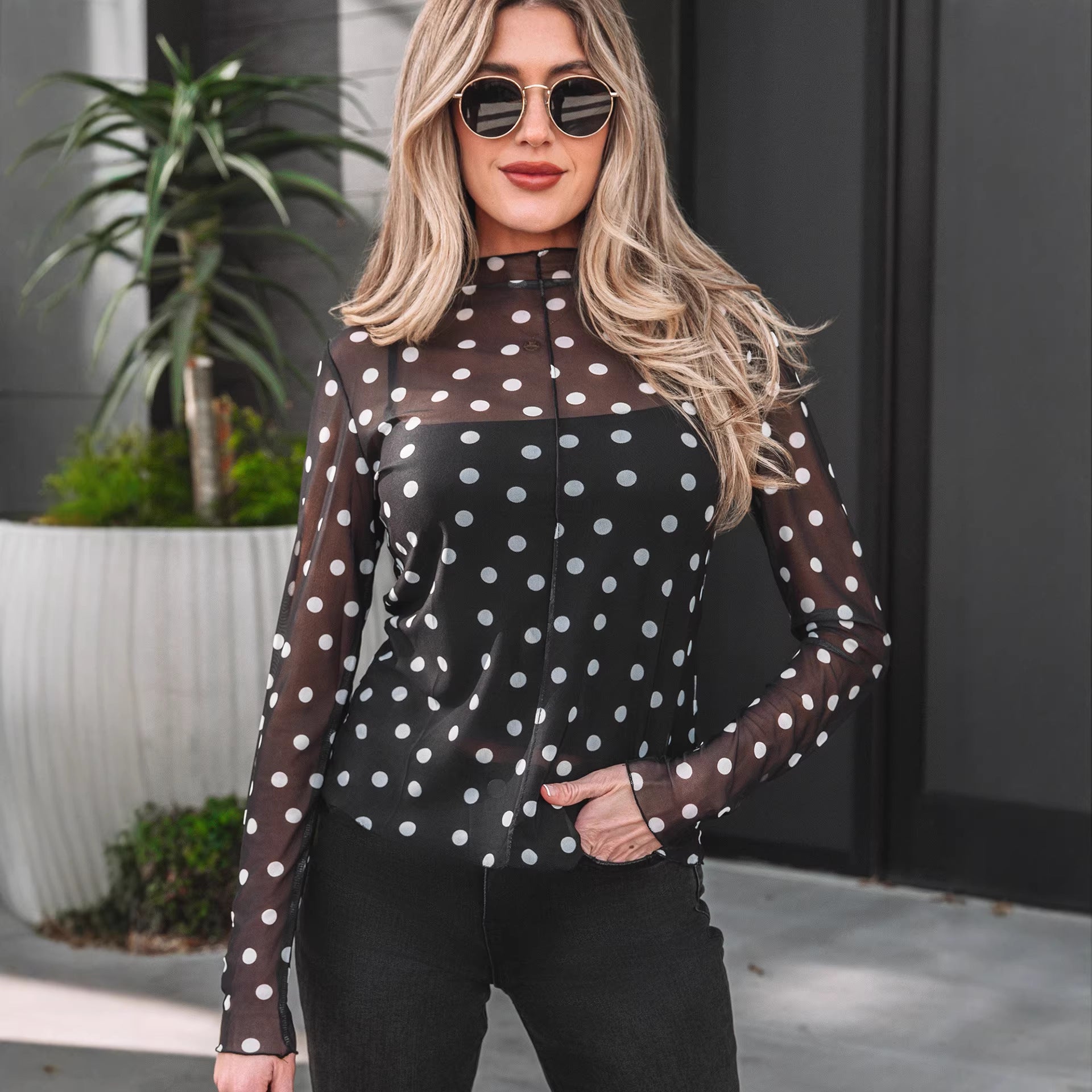Womens Versatile Casual Polka-Dot Printed Mesh Top